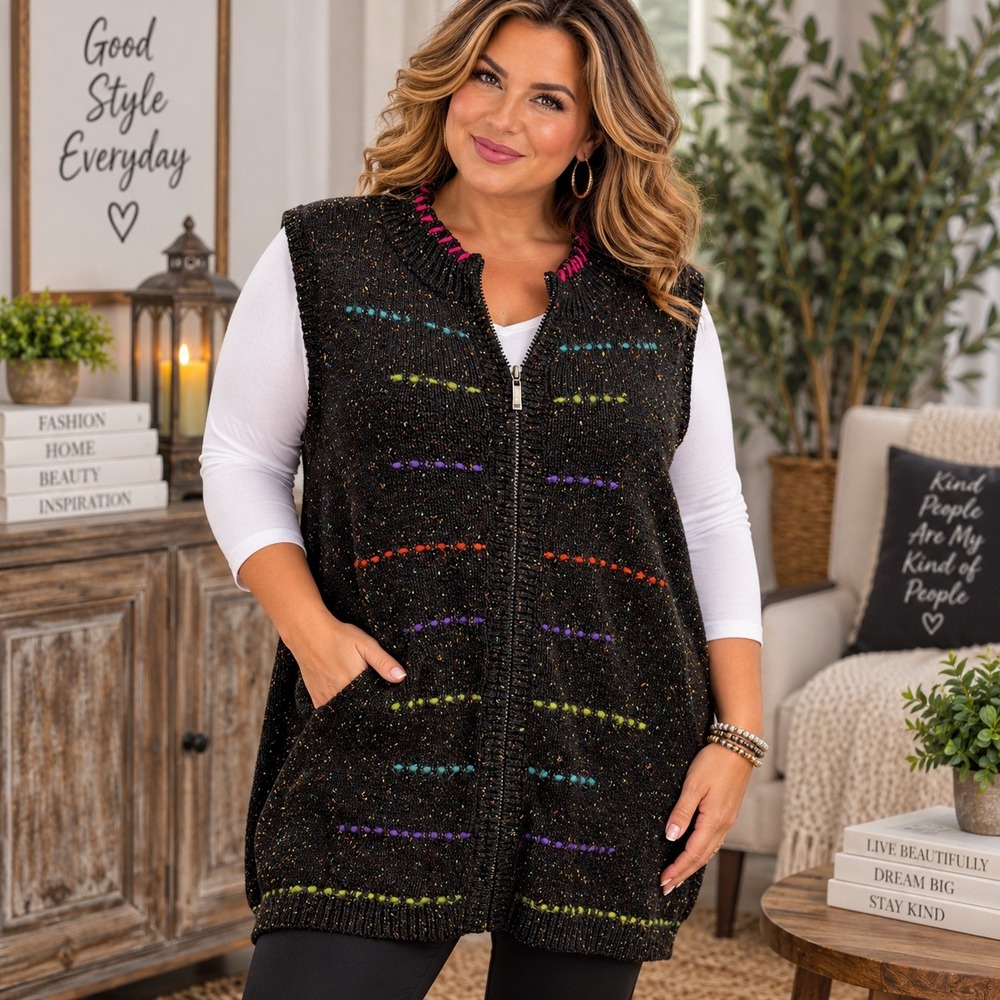 Coldwater Creek Womens 3X Dark Gray/Black Marled Zip Front Sweater Vest